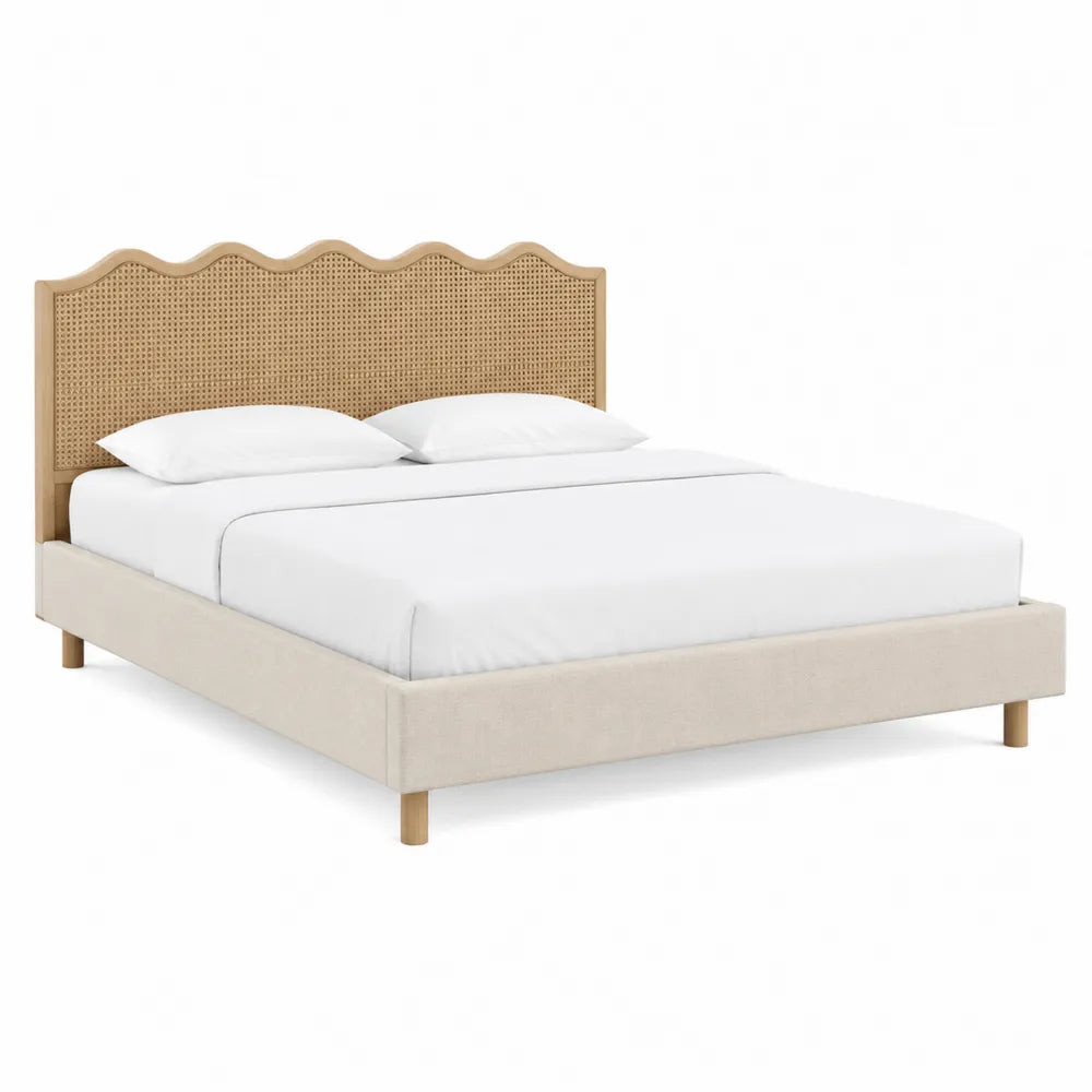 Queen Size Bed with Cane Headboard and Wood Frame, Beige Upholstered
