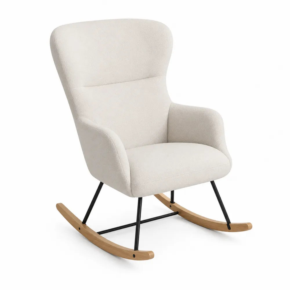 Beige Fabric Rocking Chair with Metal Frame and Wooden Base