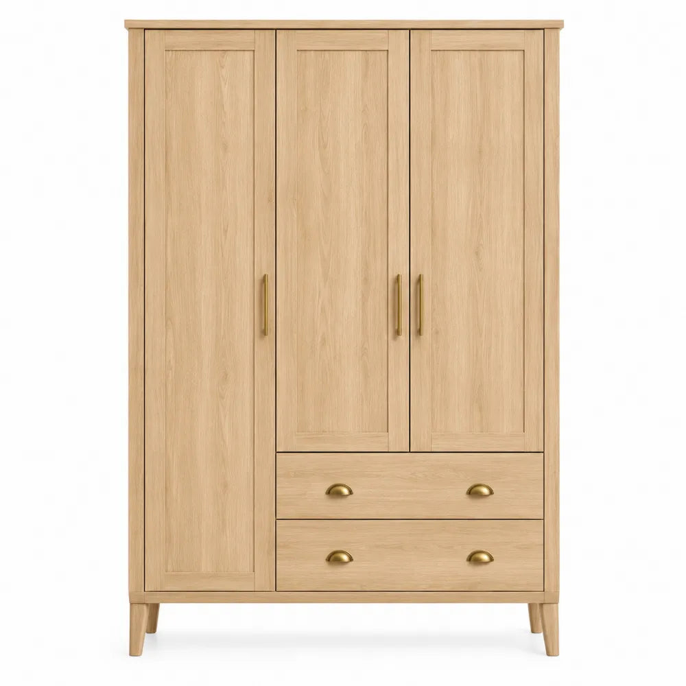 3-Door Wardrobe Solid Oak with Brass Handles 180cm x 120cm x 50cm