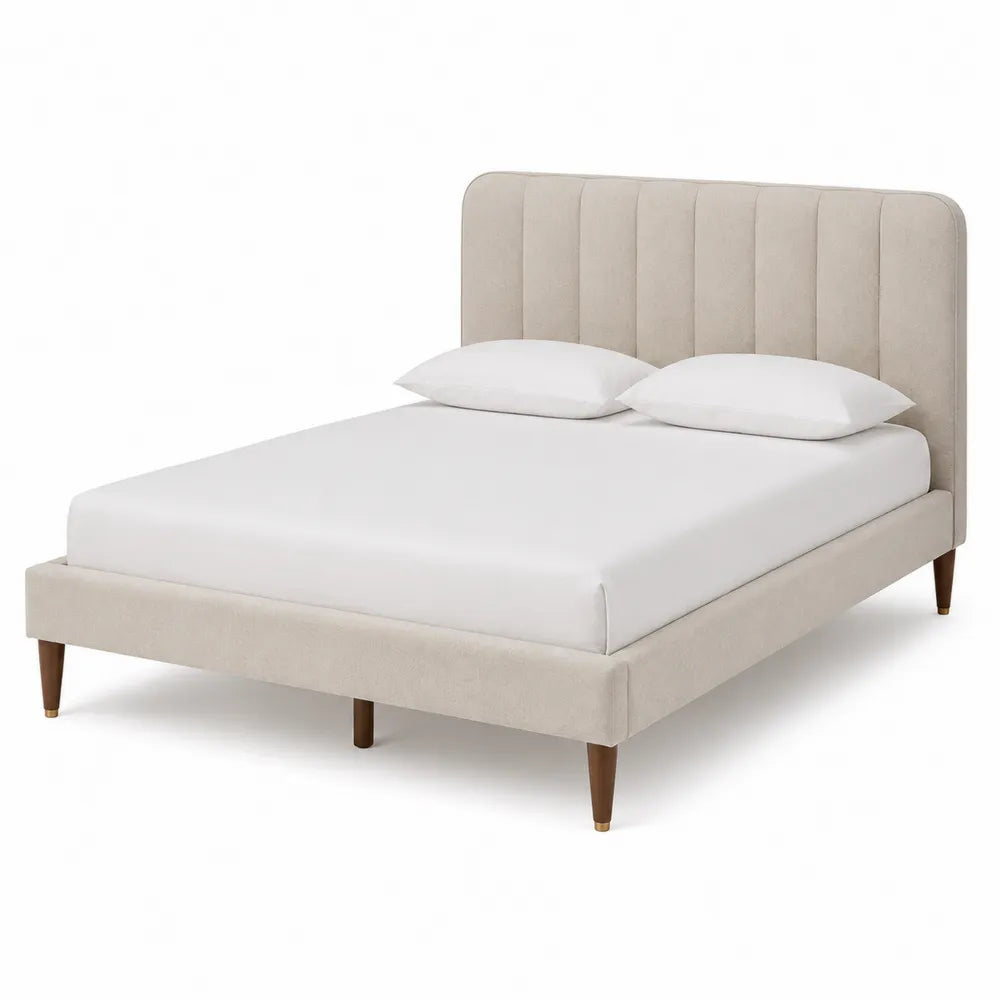 Queen Upholstered Platform Bed Beige Polyester Fabric with Wooden Legs