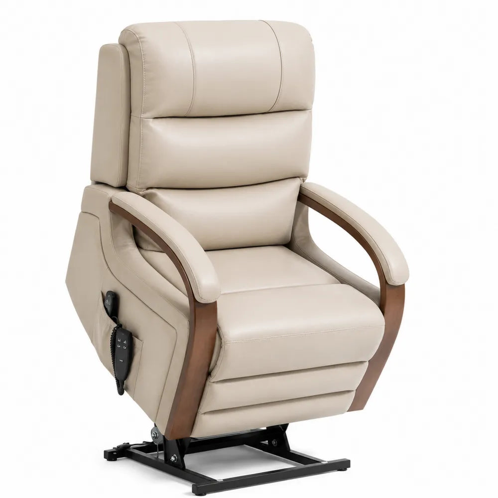 Beige Faux Leather Power Lift Recliner Chair with Wooden Armrests