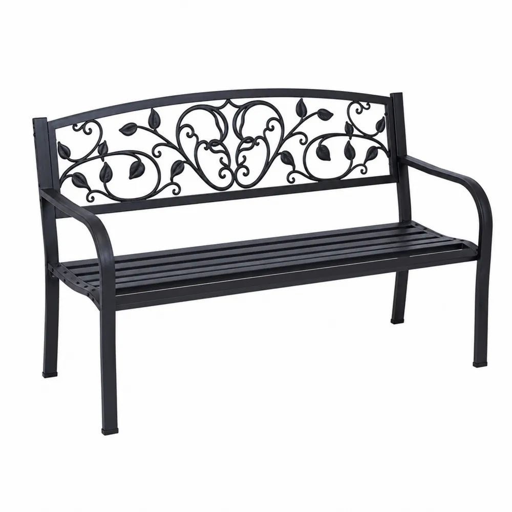 Outdoor Metal Bench with Floral Pattern Backrest Black 127cm