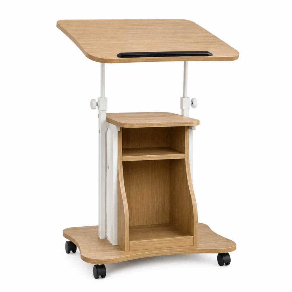 Adjustable Oak Desk with Metal Frame and Wheels