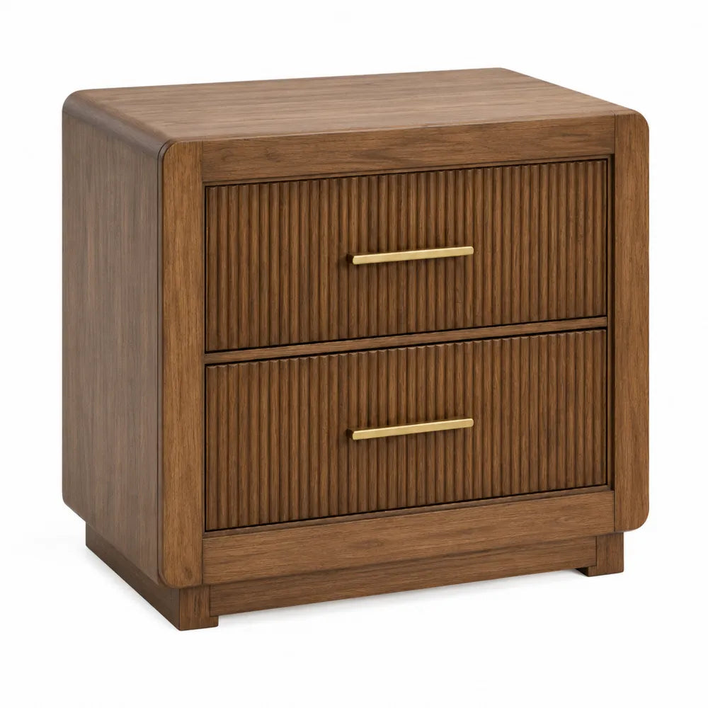 Wood 2-Drawer Nightstand with Brass Handles, Brown