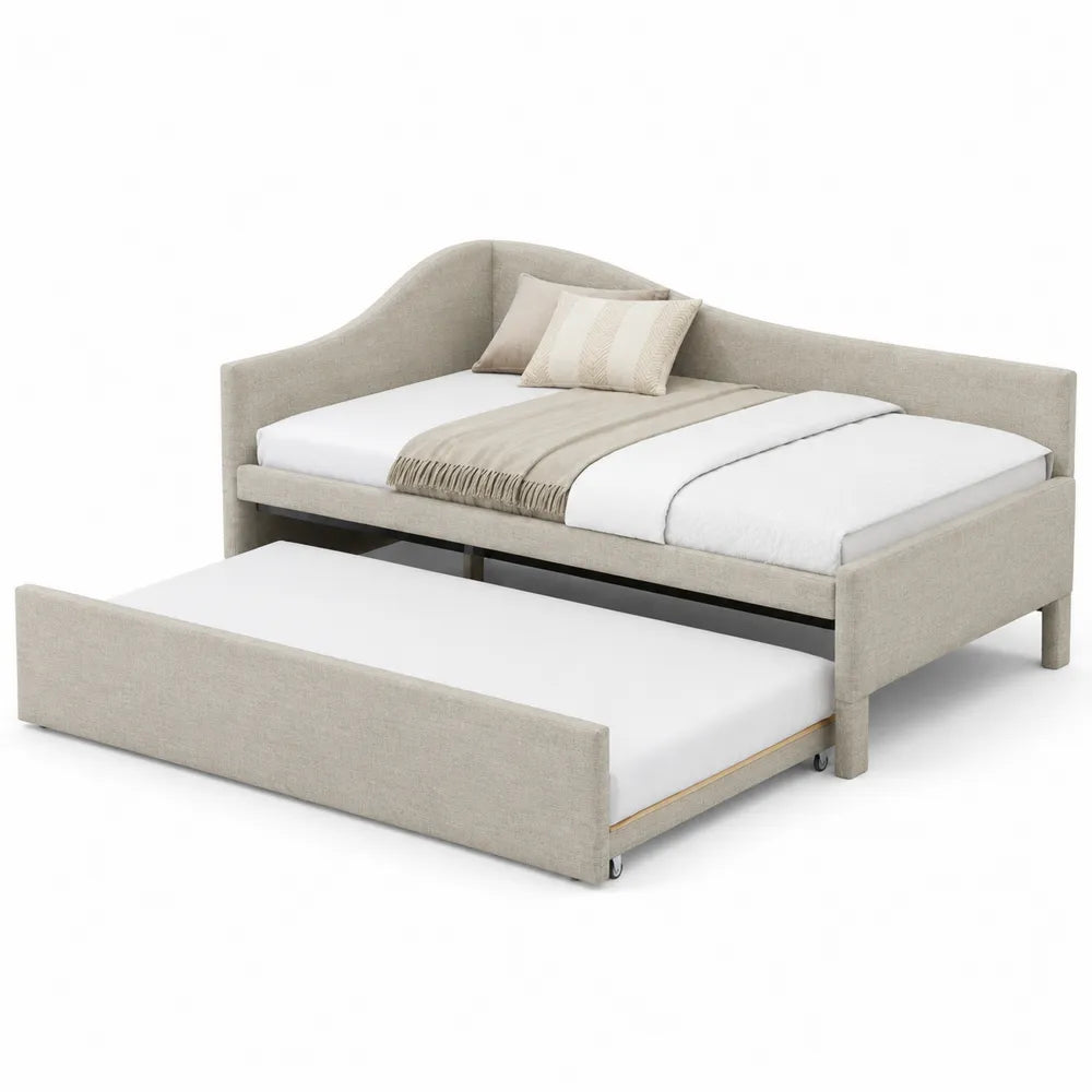 Beige Linen Trundle Daybed Twin Size