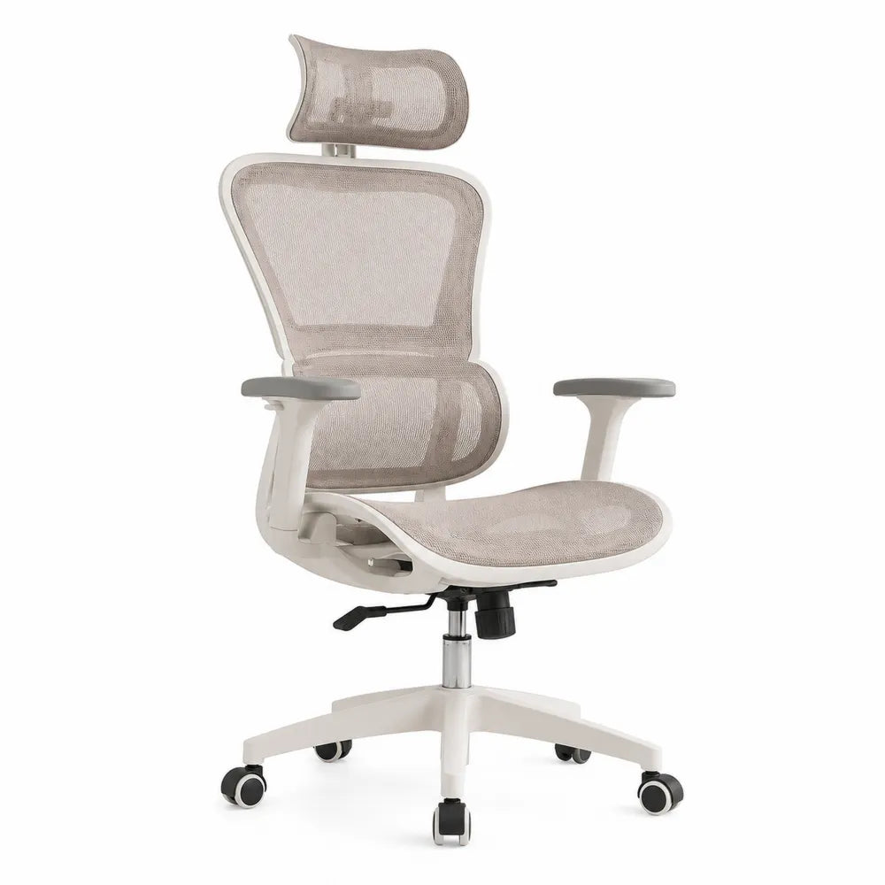 Mesh Ergonomic Office Chair with Adjustable Headrest and Armrests in Light Brown
