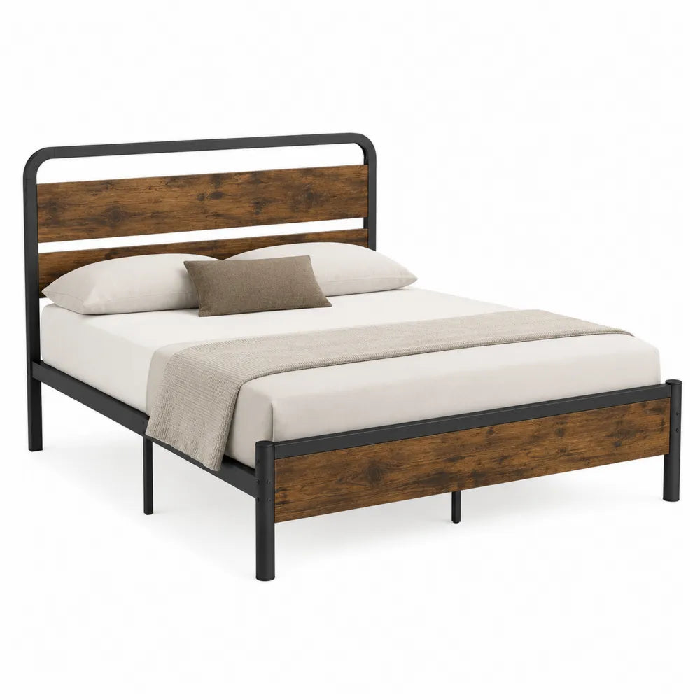 Queen Size Metal and Wood Bed Frame with Headboard