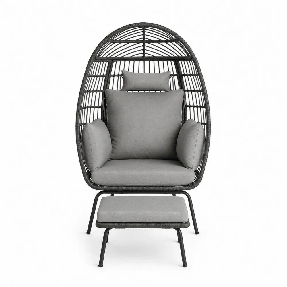 Outdoor Egg Shaped Wicker Chair Set with Steel Frame and Cushions