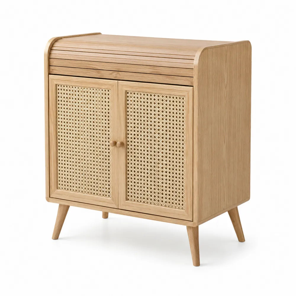 Wooden Storage Cabinet with Rattan Doors Oak Finish 85cm Height