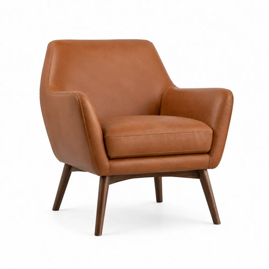 Brown Leather Armchair with Wooden Legs