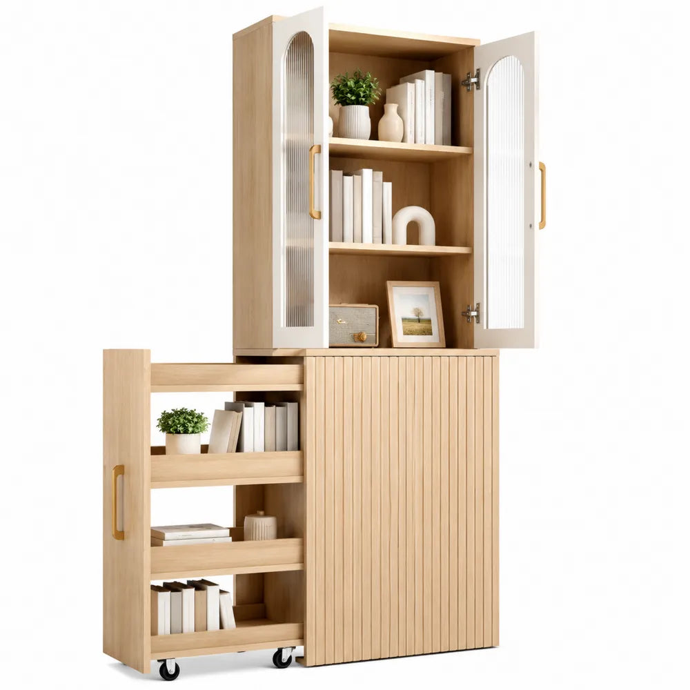 Wooden Bookcase with Glass Doors and Sliding Shelves
