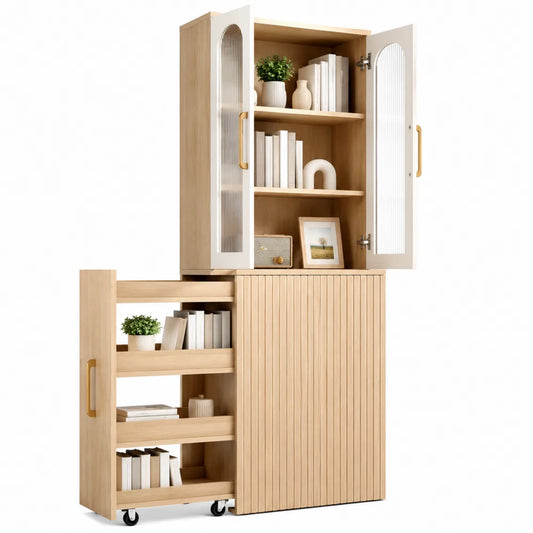 Wooden Bookcase with Glass Doors and Sliding Shelves