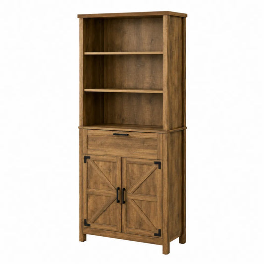 Wooden Bookcase with Cabinet and Shelves Rustic Brown 180cm