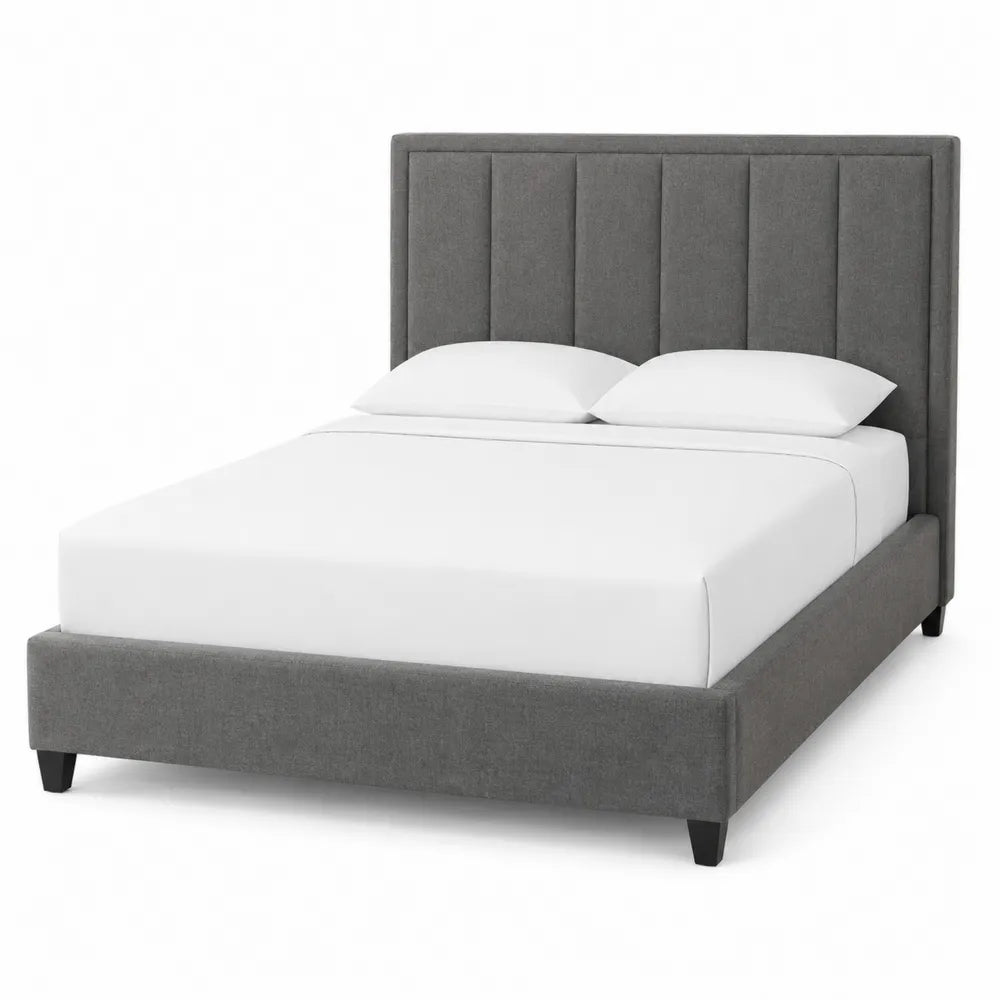 Gray Polyester Upholstered Queen Bed Frame with Solid Wood