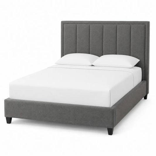 Gray Polyester Upholstered Queen Bed Frame with Solid Wood