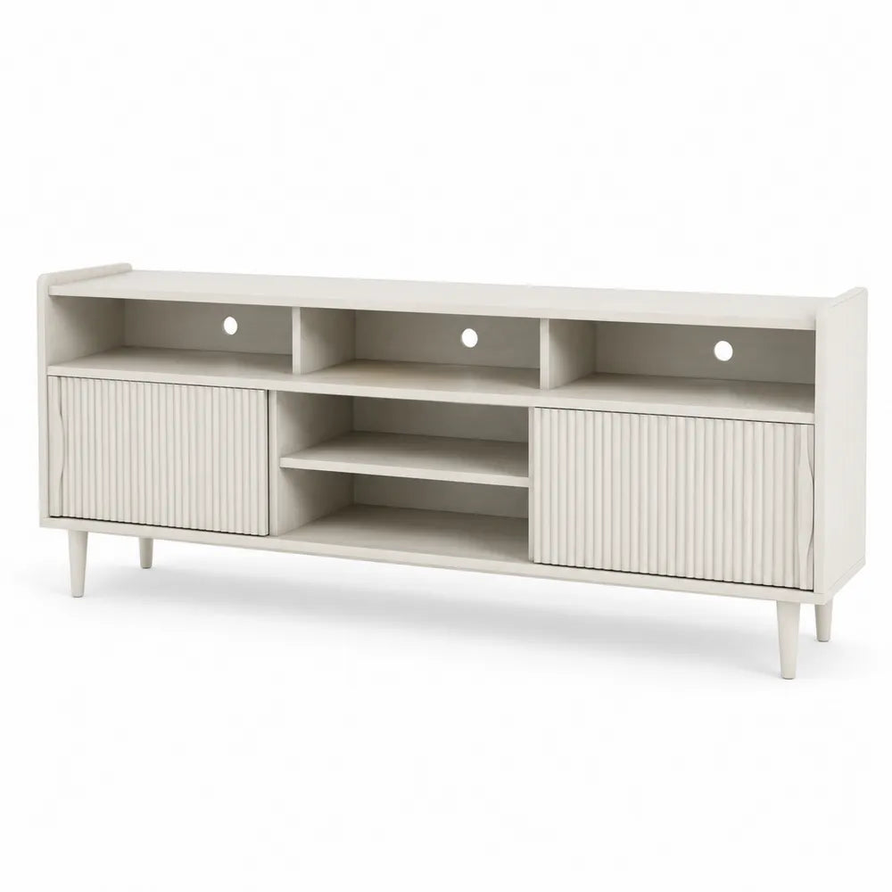 White Wood TV Stand with Storage and Sliding Doors 150cm