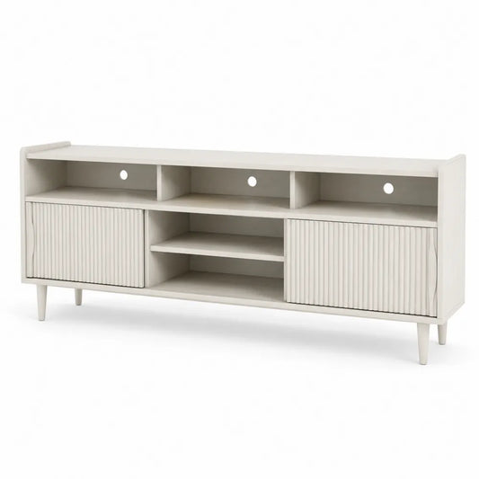 White Wood TV Stand with Storage and Sliding Doors 150cm