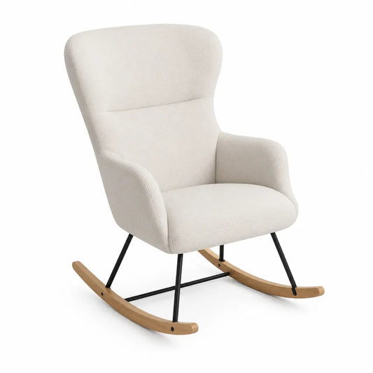Beige Fabric Rocking Chair with Metal Frame and Wooden Base