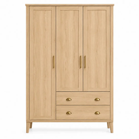 3-Door Wardrobe Solid Oak with Brass Handles 180cm x 120cm x 50cm