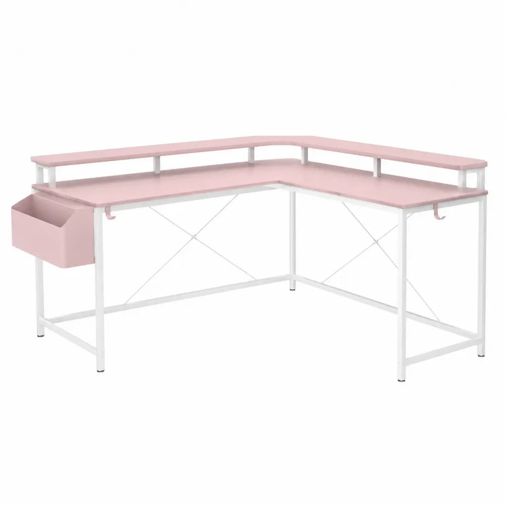 L-Shaped Pink MDF Steel Desk with Storage Drawer