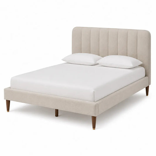 Queen Upholstered Platform Bed Beige Polyester Fabric with Wooden Legs