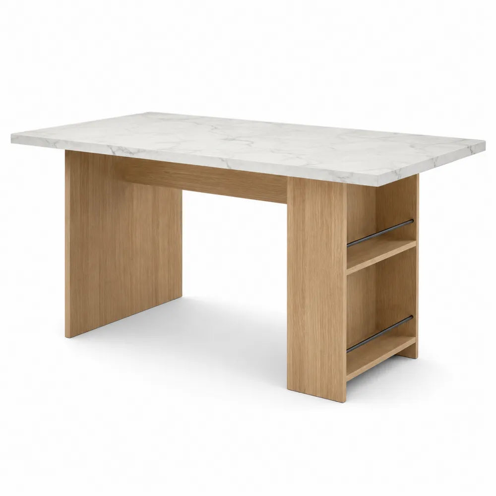 Rectangular Marble Top Dining Table with Oak Legs and Storage Shelves