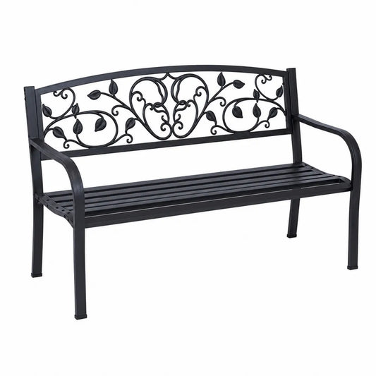 Outdoor Metal Bench with Floral Pattern Backrest Black 127cm