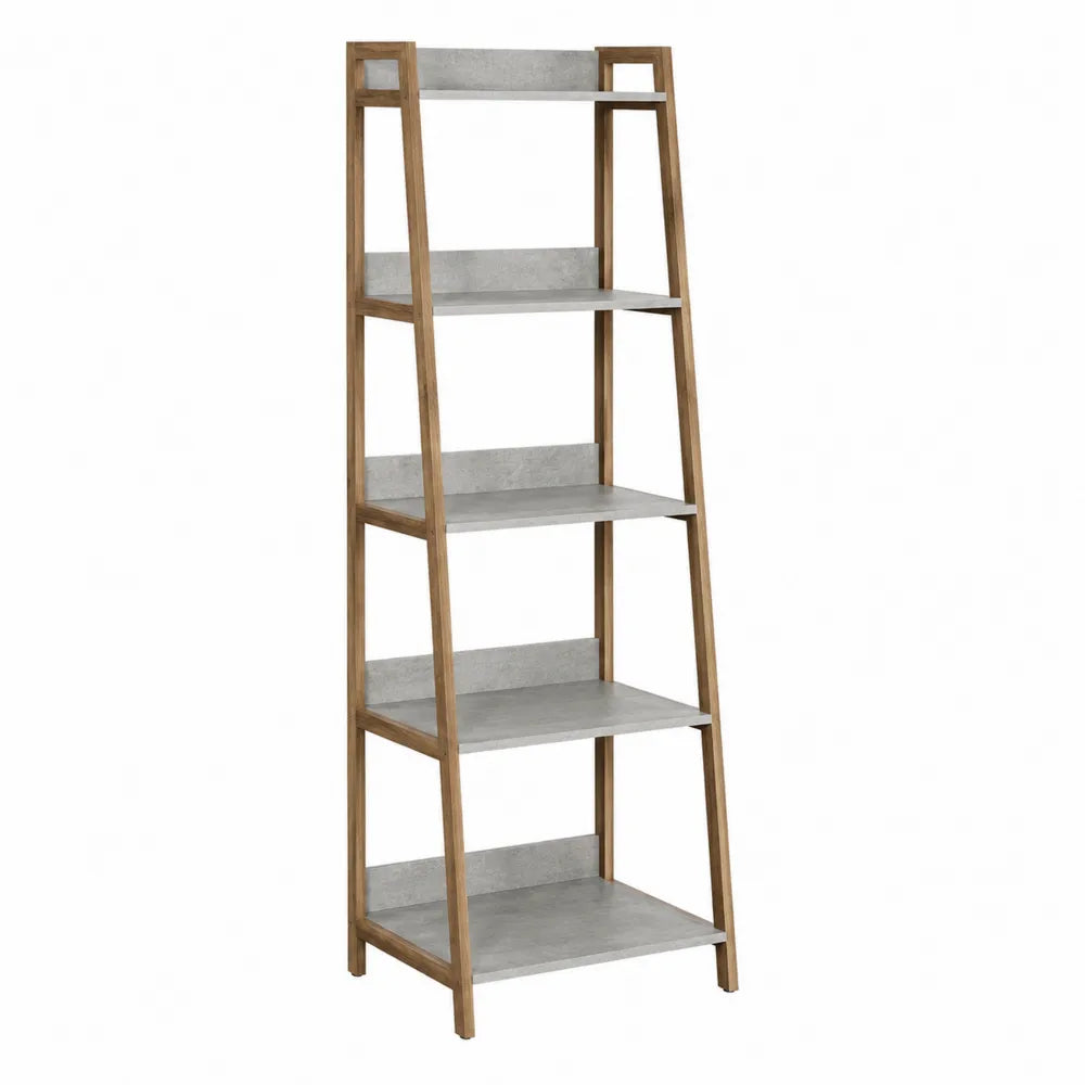 5-Tier Ladder Bookshelf with Wood Frame and Concrete Shelves, 180cm Height