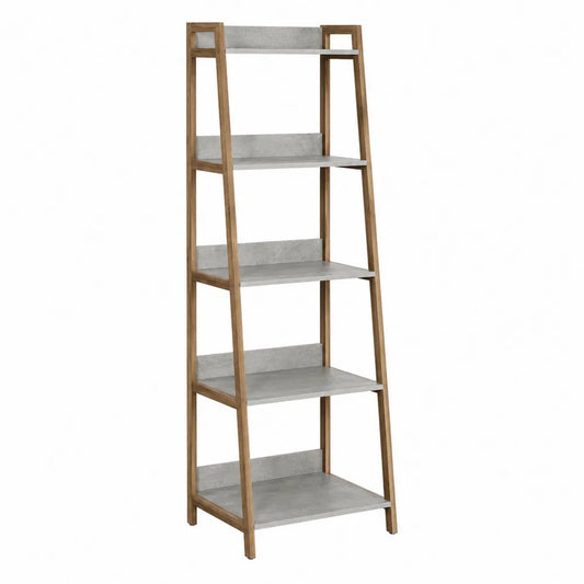 5-Tier Ladder Bookshelf with Wood Frame and Concrete Shelves, 180cm Height