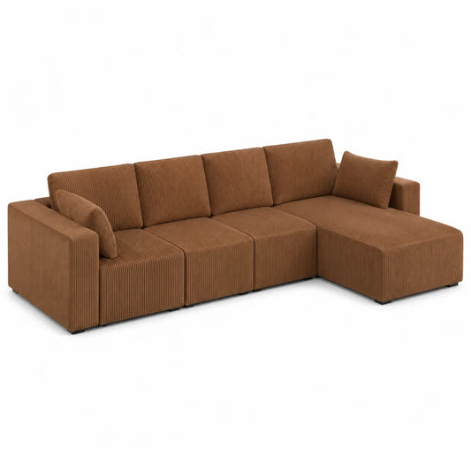 Brown Corduroy Sectional Sofa with Chaise 300cm x 150cm x 85cm