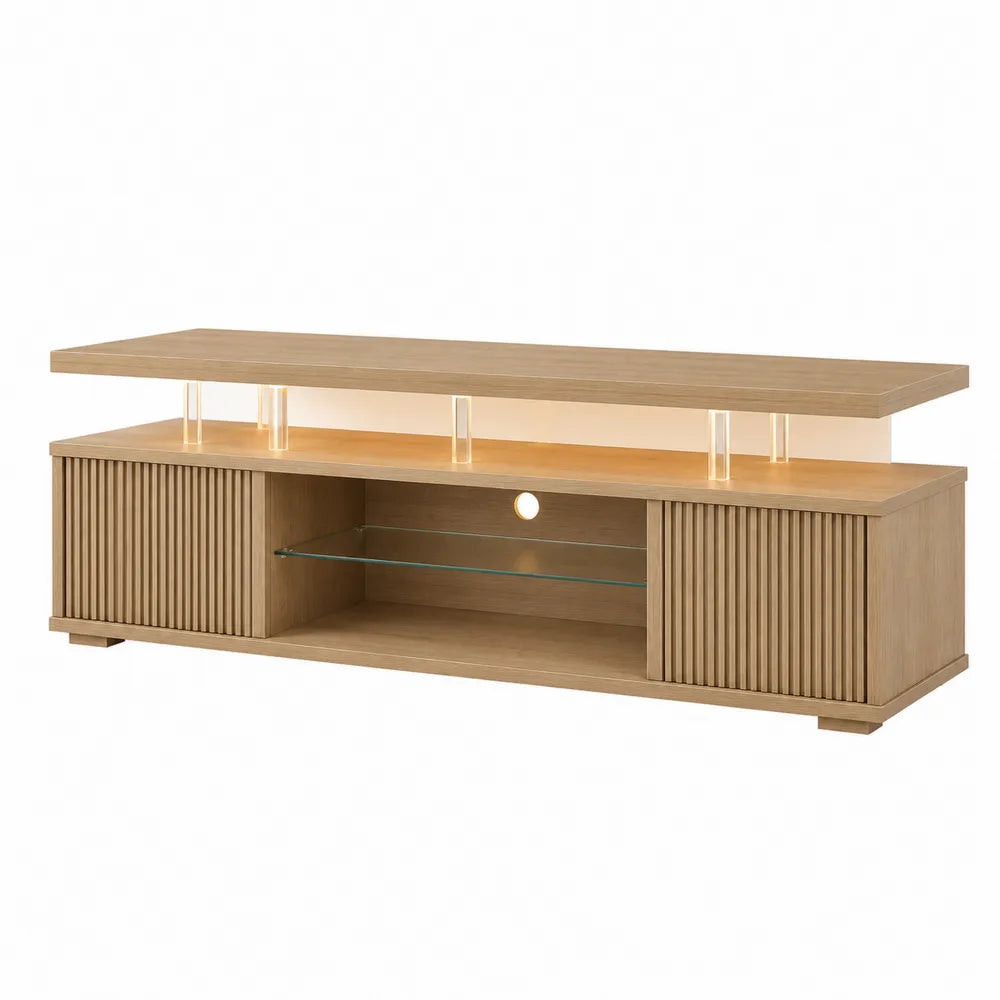 Wooden TV Stand with Glass Shelf and LED Lights 150cm x 40cm x 50cm