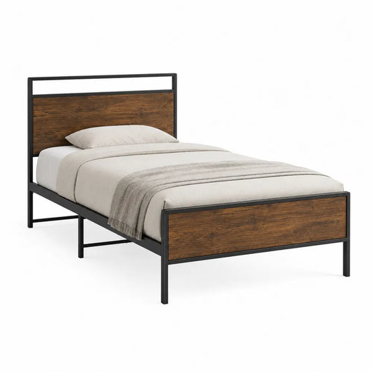 Twin Metal Bed Frame with MDF and Wood Veneer Panels 200cm x 100cm x 90cm