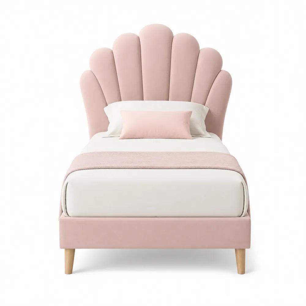 Pink Velvet Twin Bed with Scalloped Headboard and Wooden Legs