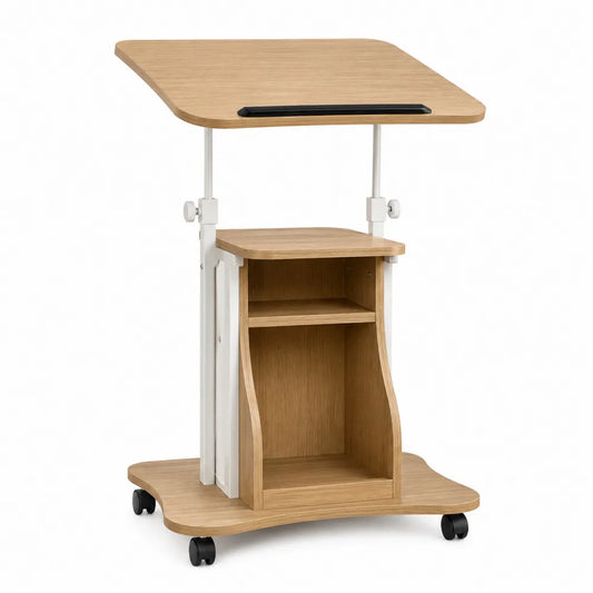 Adjustable Oak Desk with Metal Frame and Wheels