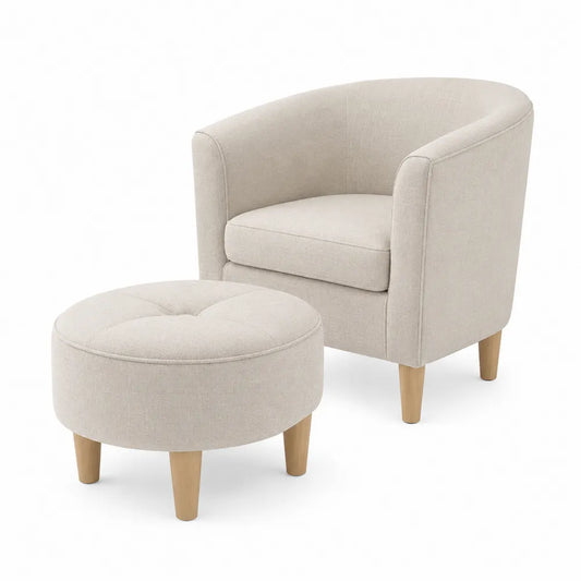 Beige Fabric Barrel Chair and Ottoman Set with Wooden Legs
