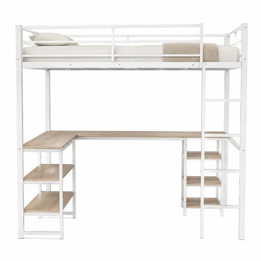 Metal and Wood Loft Bed with L-Shaped Desk and Shelves in White
