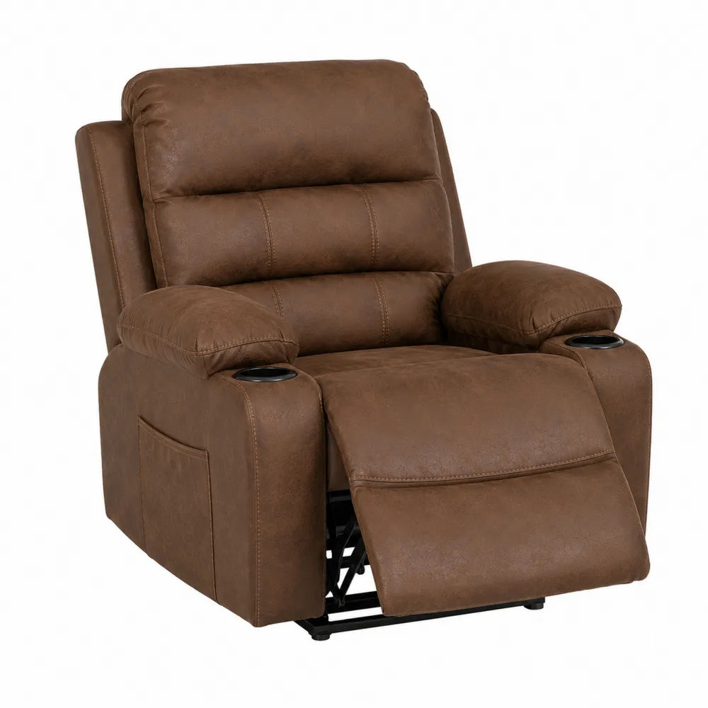 Brown Faux Leather Recliner Chair with Manual Recline and Cup Holders