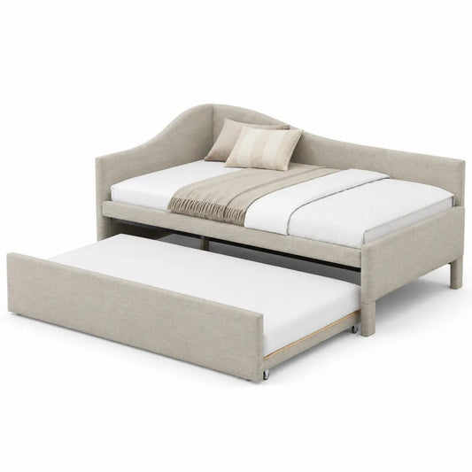 Beige Linen Trundle Daybed Twin Size