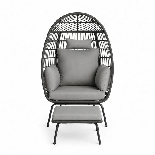Outdoor Egg Shaped Wicker Chair Set with Steel Frame and Cushions