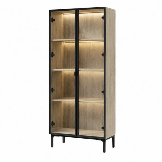 Glass and Metal Bookcase with LED Light and Oak Finish - 180cm Height