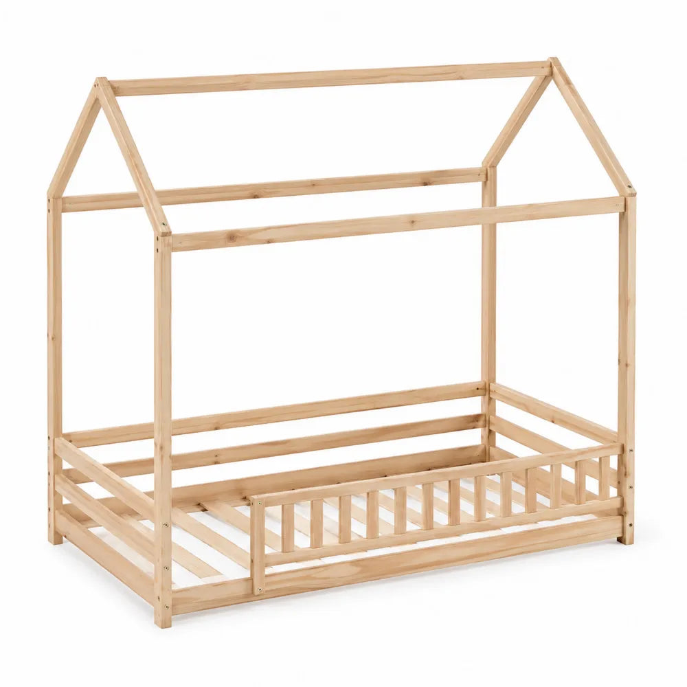 Wooden House Bed Frame for Children Solid Pine Natural Finish 200x90 cm