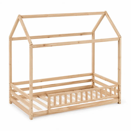 Wooden House Bed Frame for Children Solid Pine Natural Finish 200x90 cm