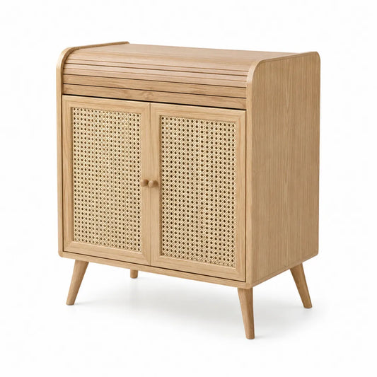 Wooden Storage Cabinet with Rattan Doors Oak Finish 85cm Height