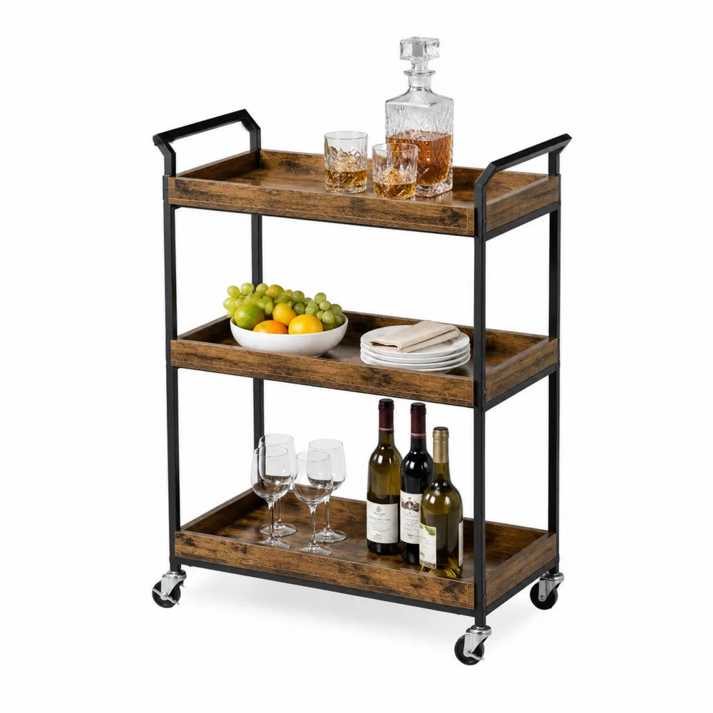3-Tier Metal and Wooden Bar Cart with Wheels