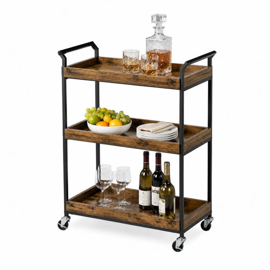 3-Tier Metal and Wooden Bar Cart with Wheels